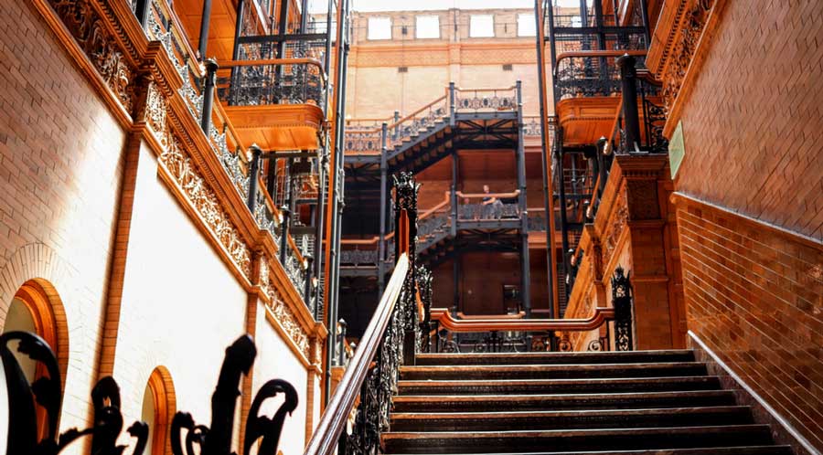 View of a staircase inside the Bradbury Building