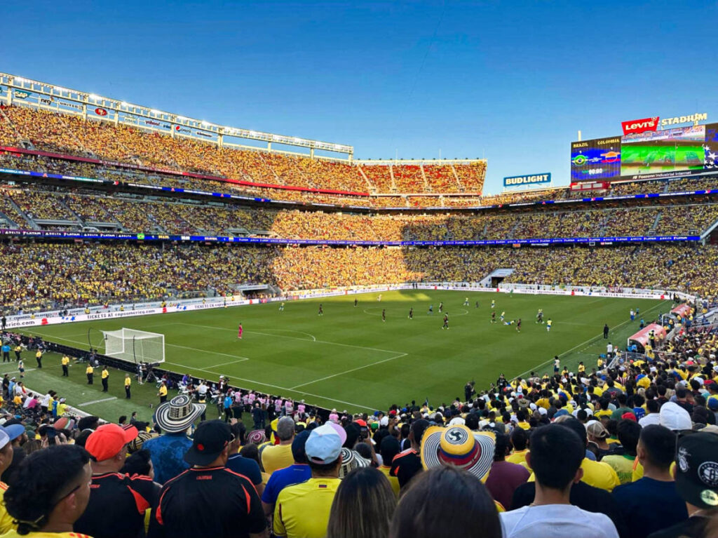 View of the crowd watching the Brazil vs Colombia soccer game