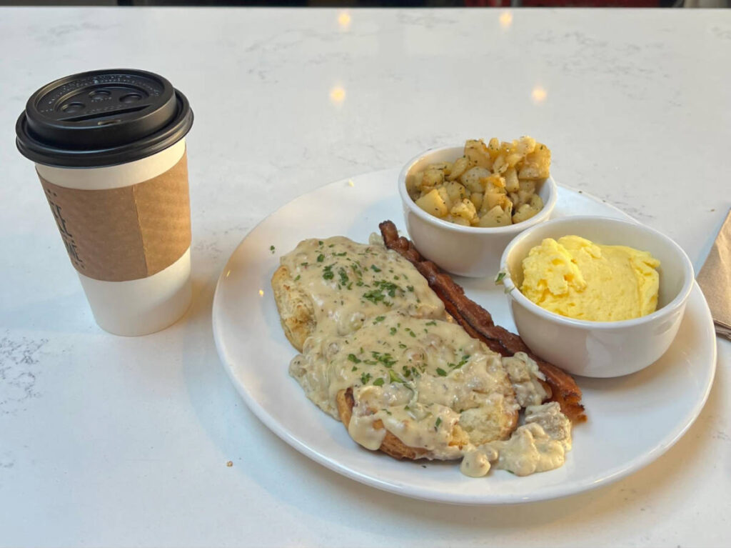 Biscuits and gravy breakfast with coffee from Mildred’s