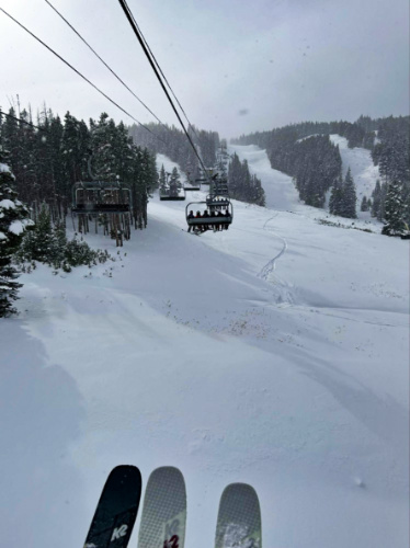 Overlooking view of the snow covered Breckenridge Ski Resort from the ski lift