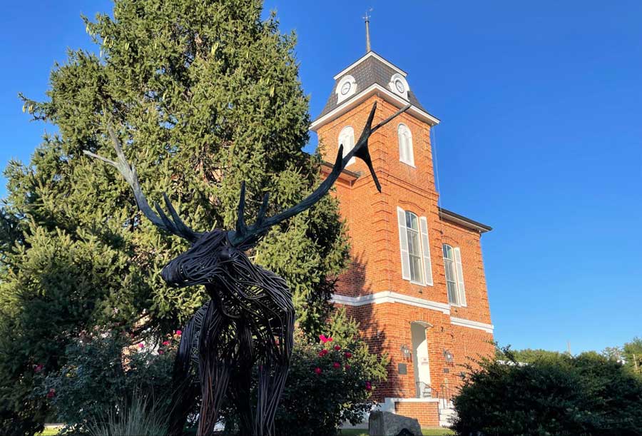 A metal wire elk sculpture outside the Brevard Courthouse