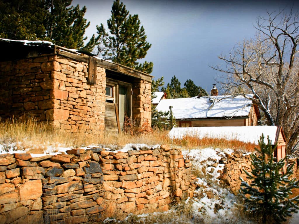 View of the abandoned brick structures at Russell Gulch