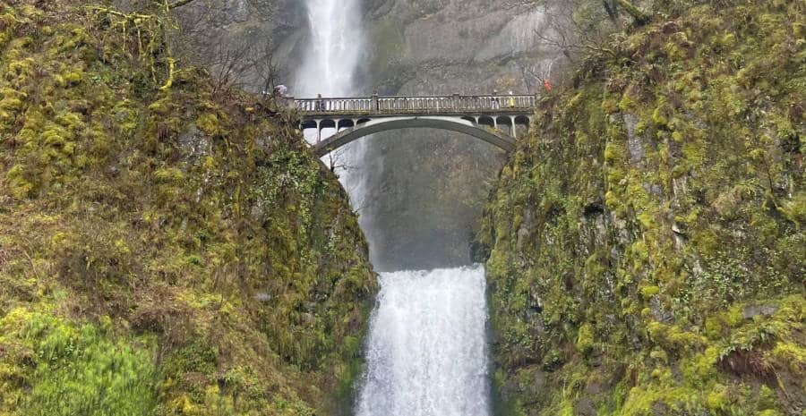 View of the famous bridge at the Multnomah Falls