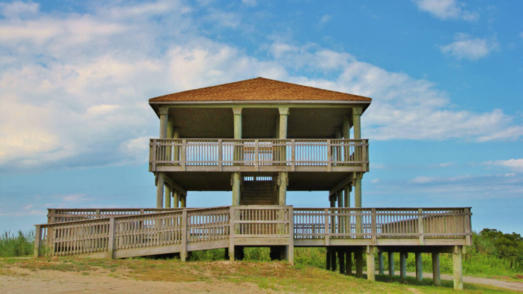 A bird-watching tower under the blue sky in the Brigantine