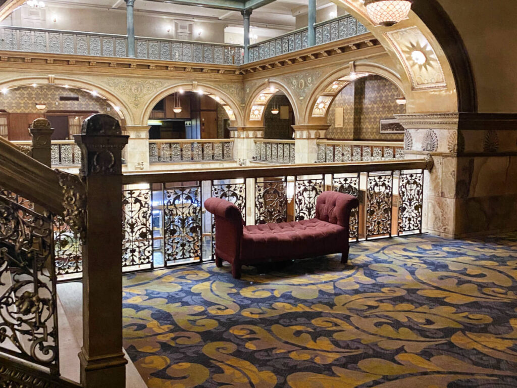 View near a staircase inside the Brown Palace Hotel