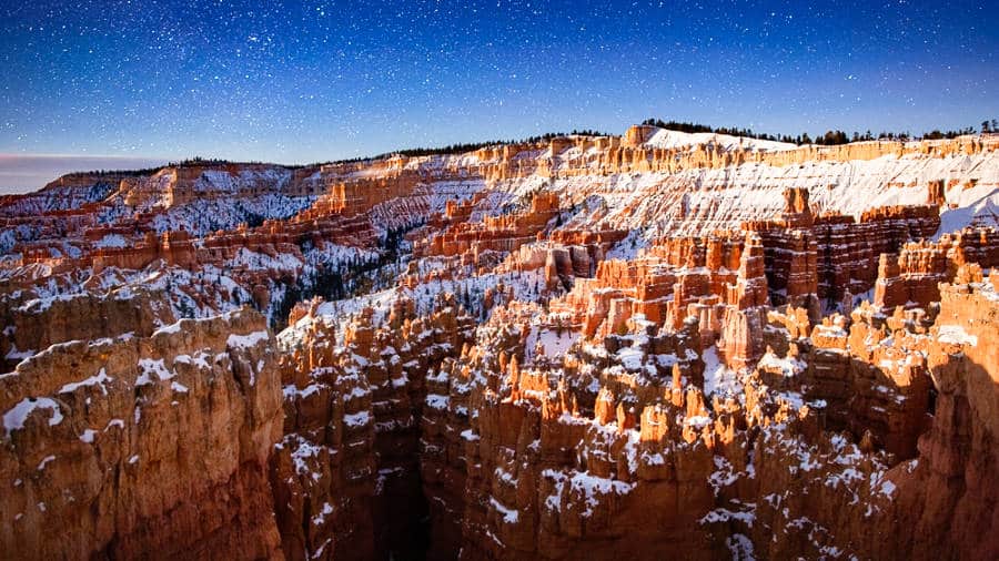 View of the starry sky over Bryce Canyon National Park during winter