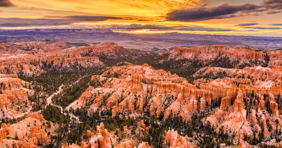 The Bryce Canyon National Park under the colorful sky during sunset