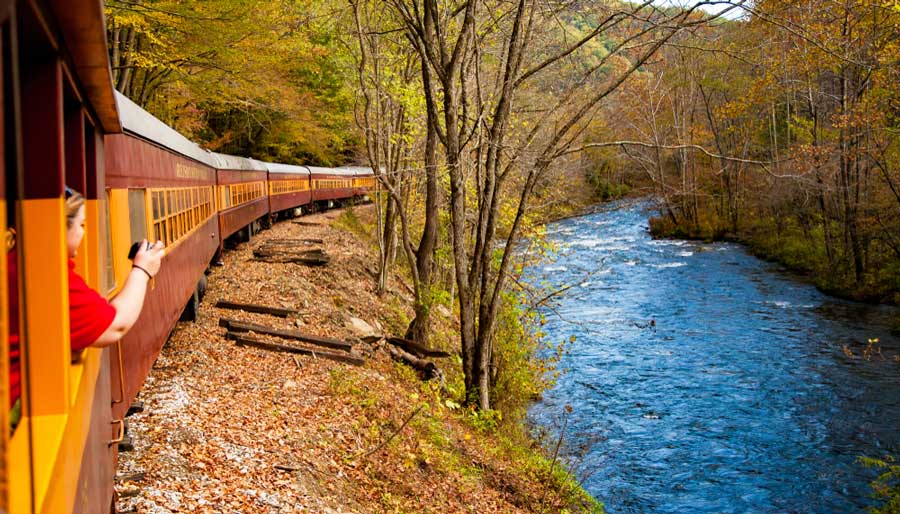 A woman on a train taking a photo in Bryson City 