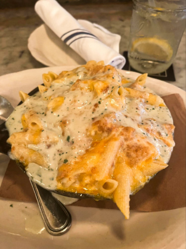 Closeup look of the buffalo chicken mac & cheese from Jacob’s Pickles