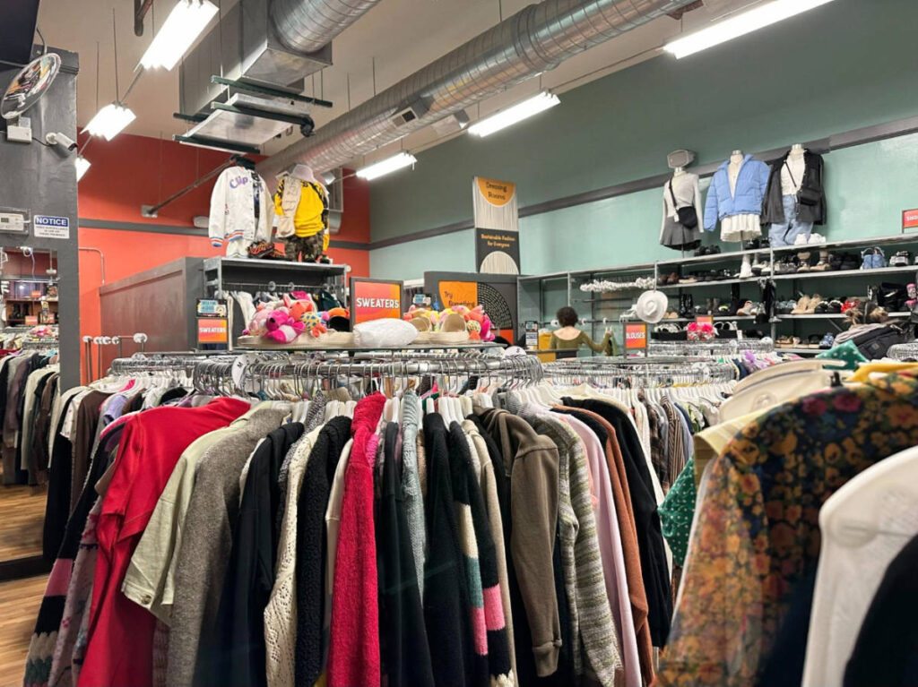 Clothing racks inside the Buffalo Exchange