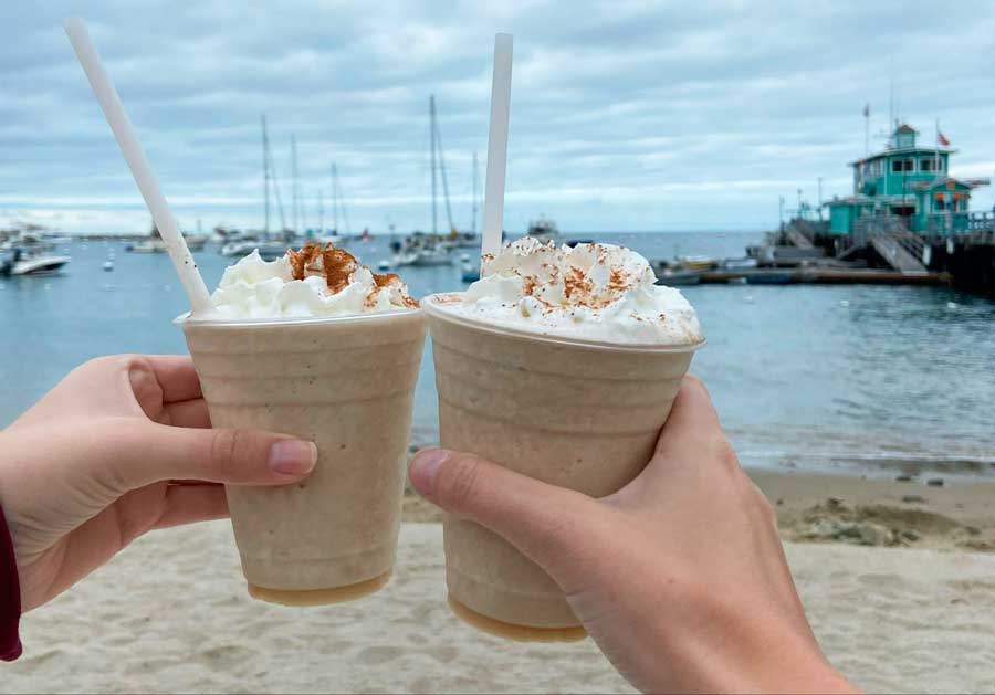 The author's hand and her cousin's hand holding a buffalo milk with boats on Catalina Island water in the background
