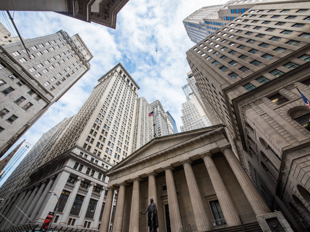 View of buildings from below at Wall Street