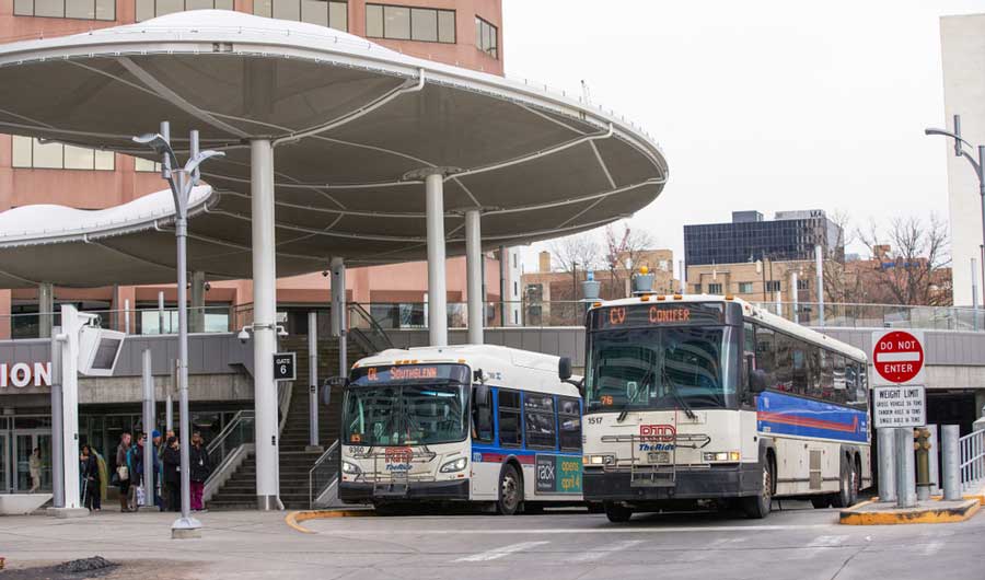 View of buses in the street of Denver