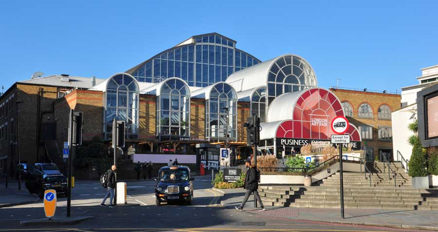 The Business Design Centre from the outside under the clear blue sky
