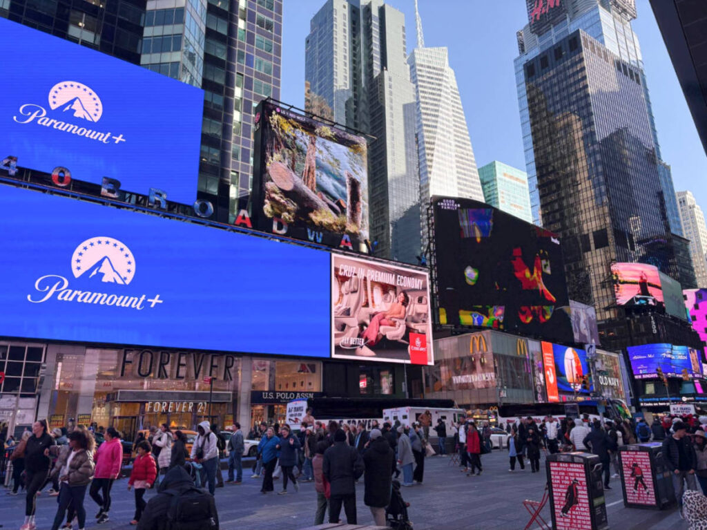 View of the bustling Midtown with the colorful LED screens around