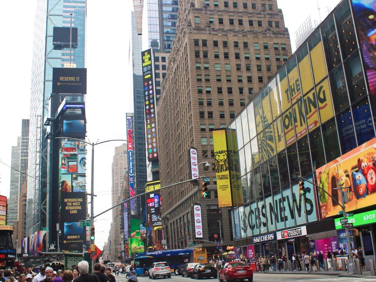 View of the colorful LEDs around and the bustling Times Square
