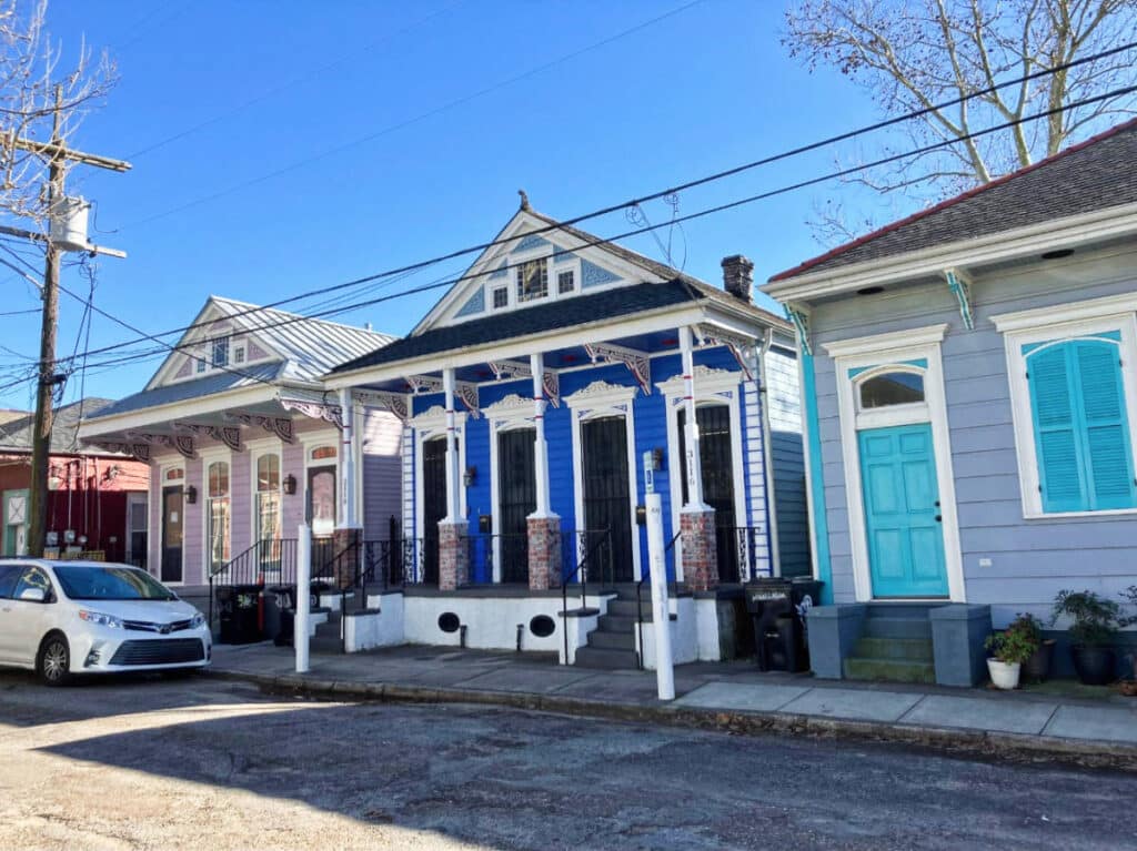 Clear blue sky over the colorful houses in the Bywater neighborhood