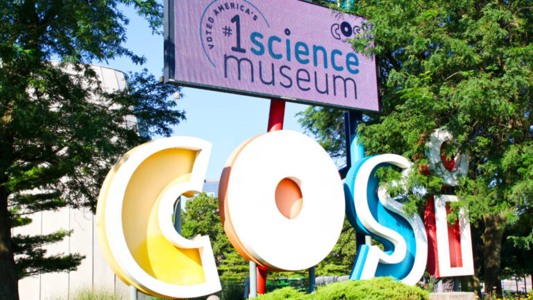 View of the landmark signage outside COSI