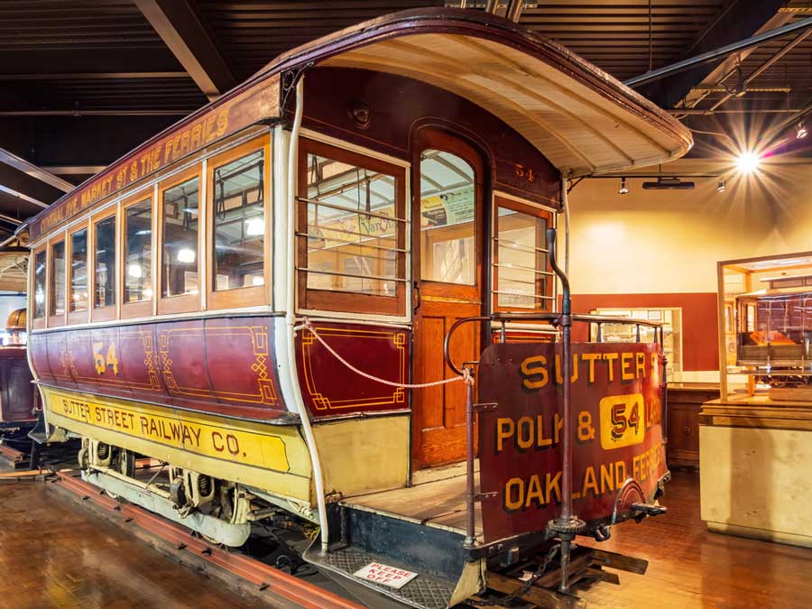 A cable car displayed inside the Cable Car Museum