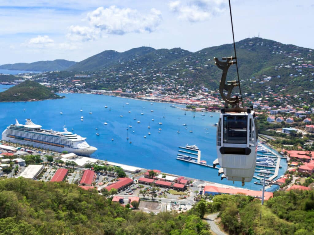 View of the St. Thomas harbor and a cable car from the Paradise Point