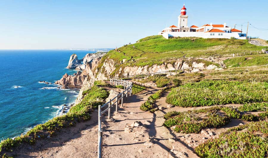 View of the ocean and Cabo Da Roca lighthouse from a distance