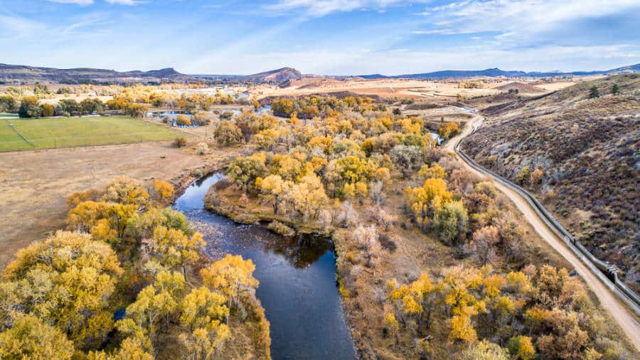 Aerial view of the Cache la Poudre River in autumn