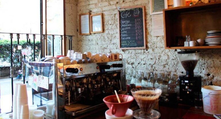 Interior of a charming coffee shop showcasing the counter