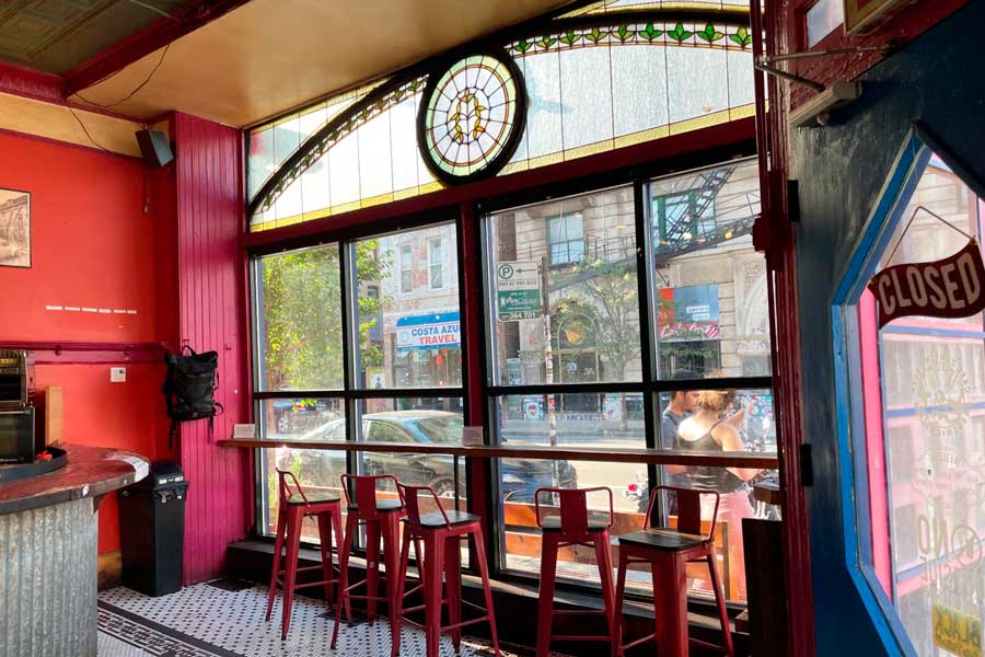 View of the outside through a window in Cafe Jumping Bean