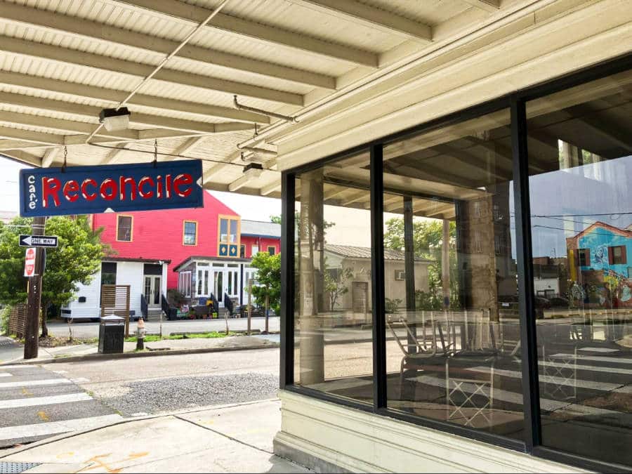 View of the hanging outdoor signage of Cafe Reconcile