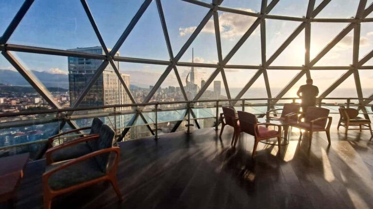Scenic sunset view from the cafe bar atop the Alphabet Tower