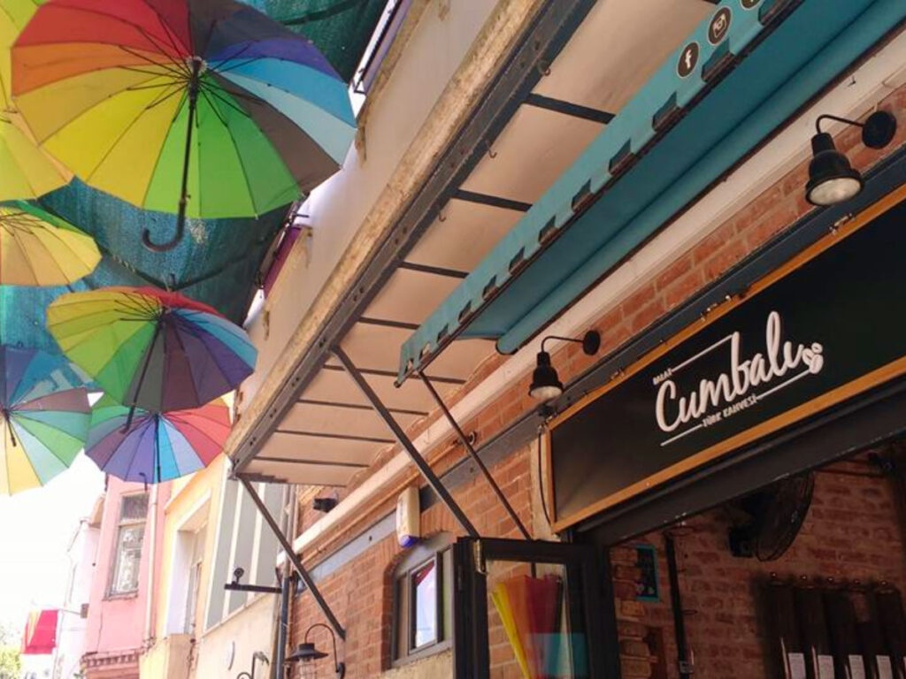 Colorful umbrella decorates ceiling at a cafe in Fener and Balat