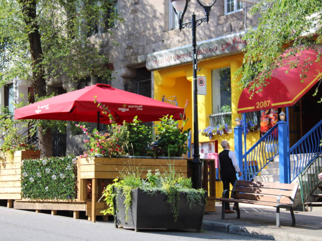 Plants and trees outside a Colorful cafe in the Latin Quarter