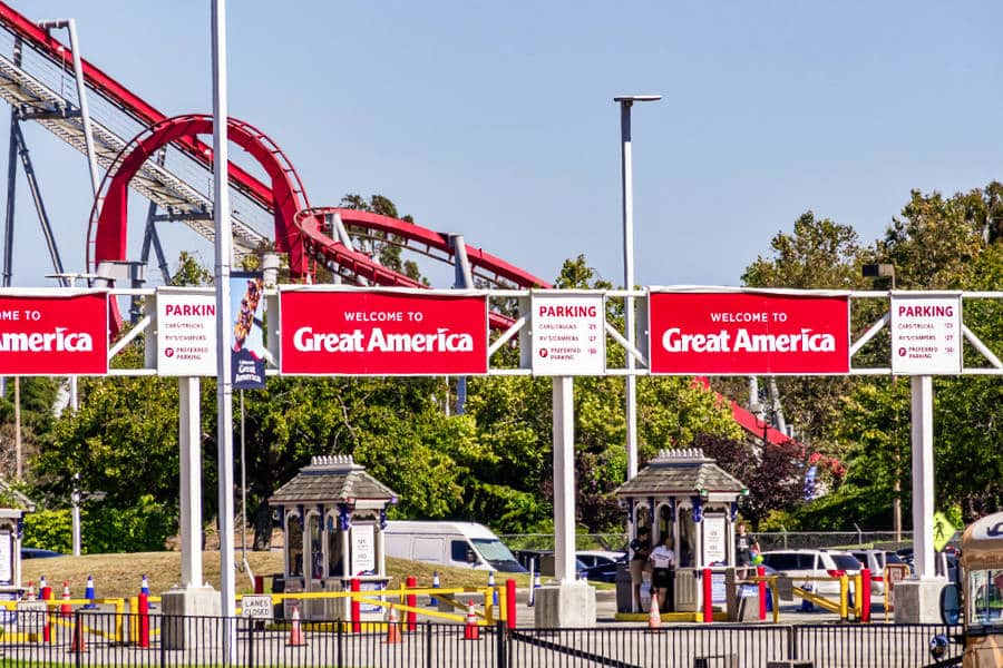 View of the roller coaster ride from the entrance of California's Great America amusement park