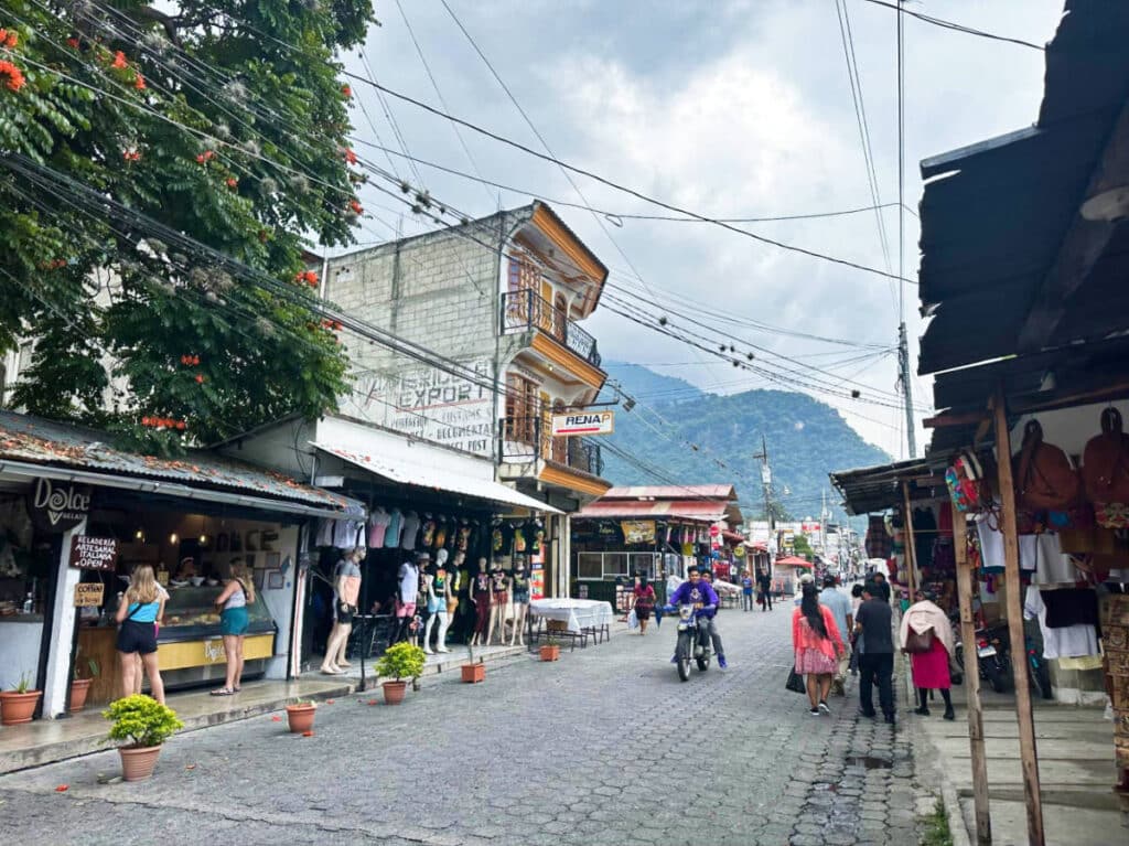 View of the people on the shopping street of Calle Santander in Panajachel
