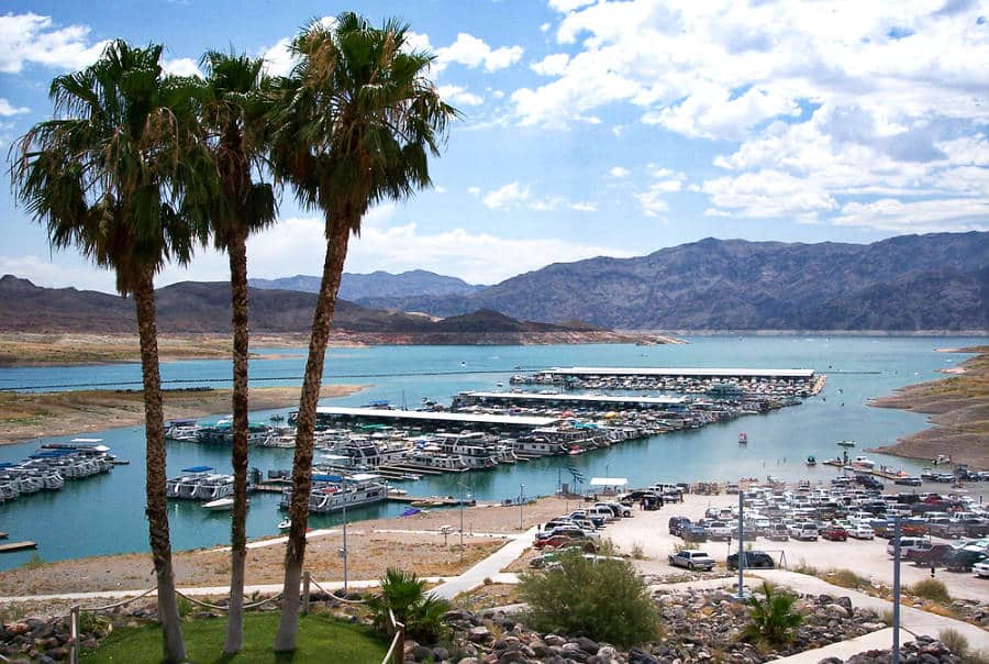 View of the stunning Lake Mead and rock mountains at Callville Bay Campground.