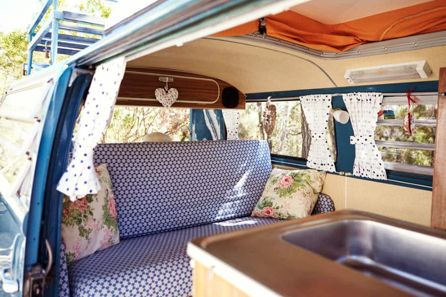 View inside the retro-inspired interior of a camper van