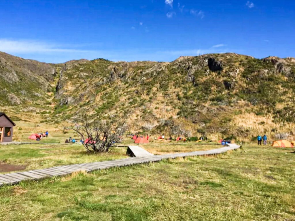 Panoramic view of the campground along the W-trek in Torres del Paine