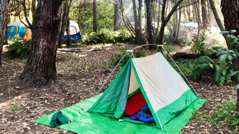 A green camping tent at a campground in Northern California
