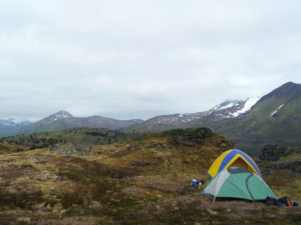 A camping tent on a hill in Kodiak