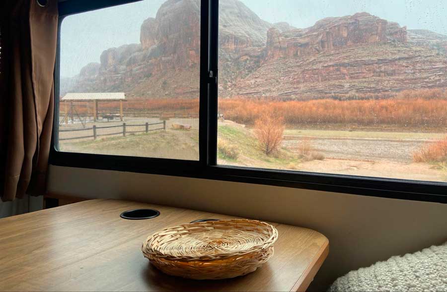 View of the author inside her motorhome in Potash Road