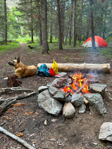 A bonfire on a campsite during a backpacking trip