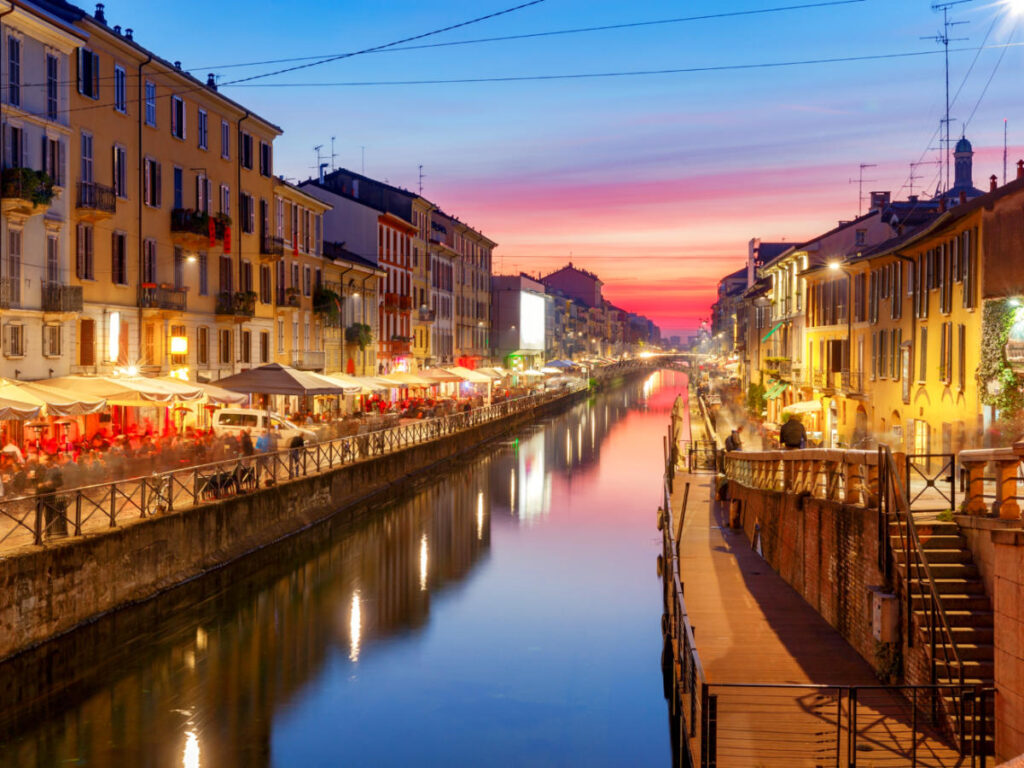 View of Naviglio Grande Canal at sunset