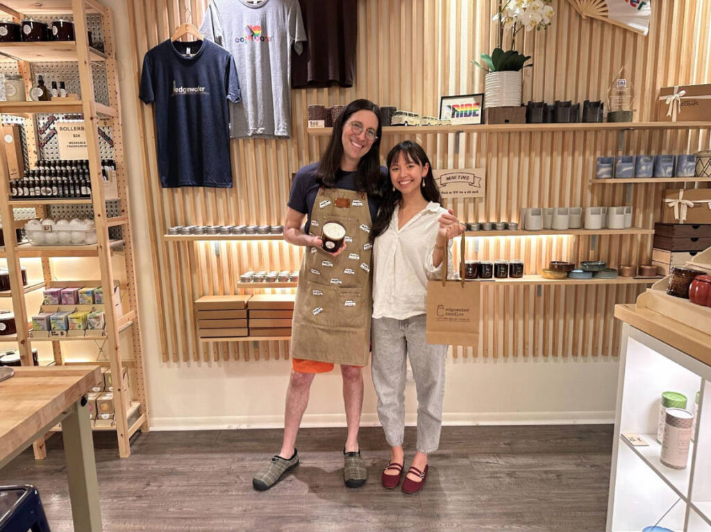 The author, Lea Rose Allbaugh with the owner of the shop, after her candle making class at Edgewater Candles