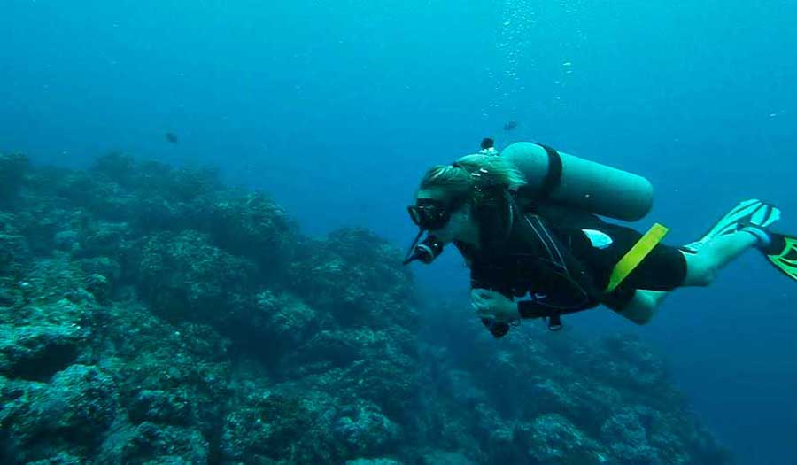 The author scuba diving under the water of Caño Island