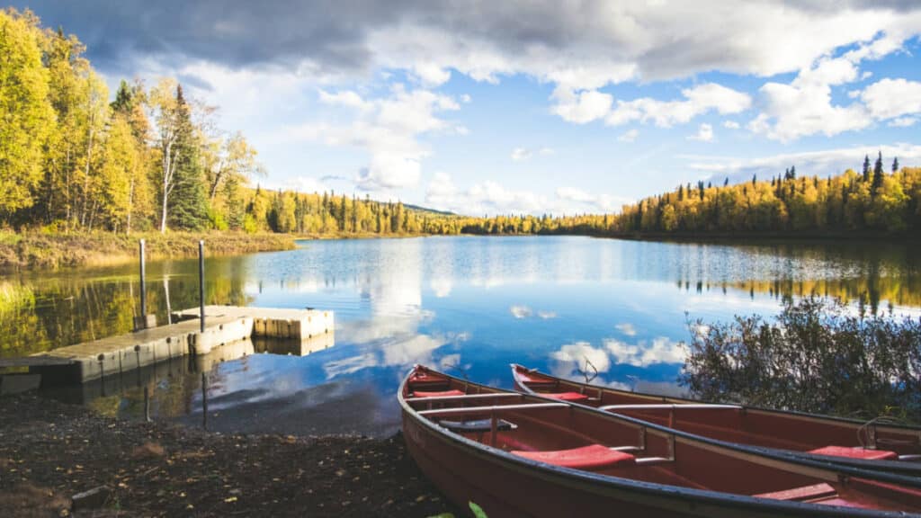 View of the canoes on the shore and the fall foliage around Talkeetna lakes on a cloudy day