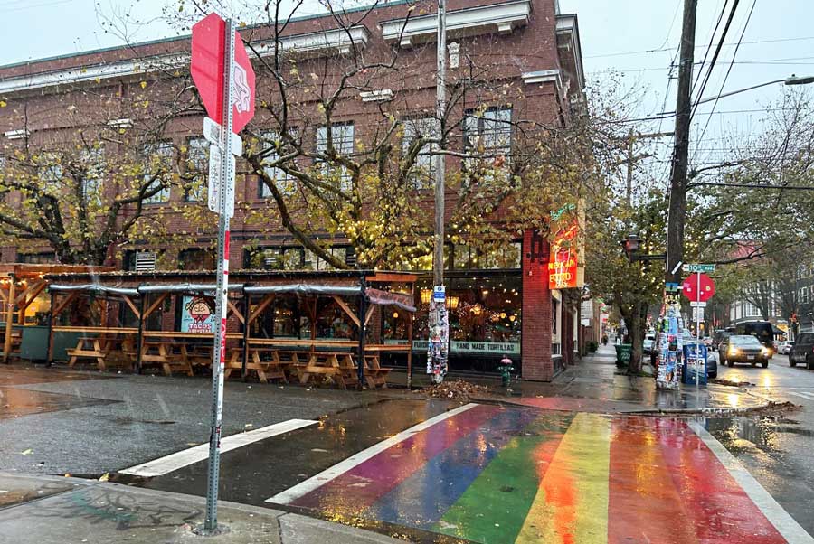 A rainbow pedestrian lane in Cap Hill’s Pike-Pine Corridor