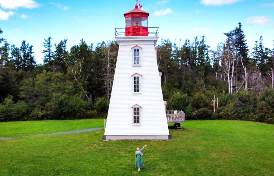 Aerial view of the author and Cape Bear Lighthouse in Prince Edward Island