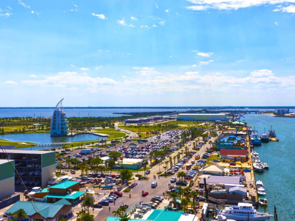 Aerial view of the cruise port and other attractions at Cape Canaveral
