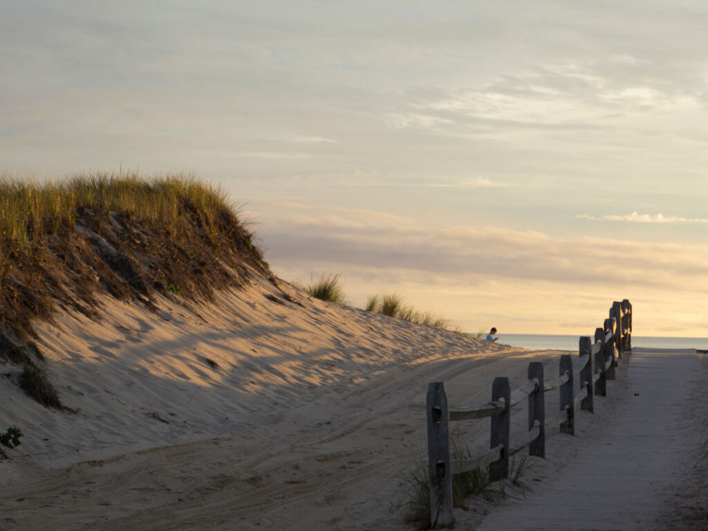 View of the Cape Cod sand dunes during sunset