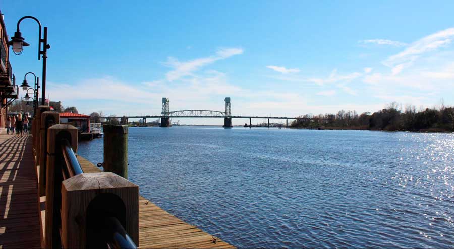 The Cape Fear Memorial Bridge from afar in Downtown Wilmington